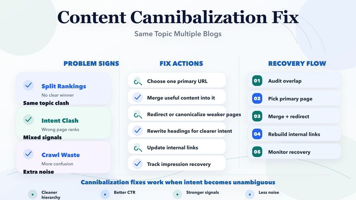 Content cannibalization fix same topic multiple blogs infographic