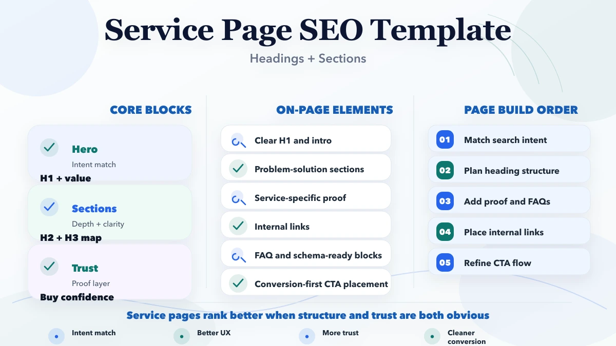 Service page SEO: headings + sections template infographic