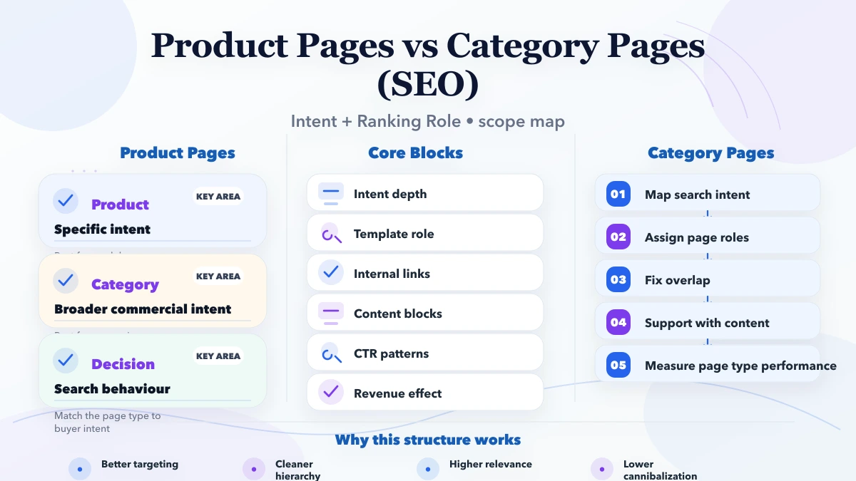 Product Pages vs Category Pages (SEO) framework infographic