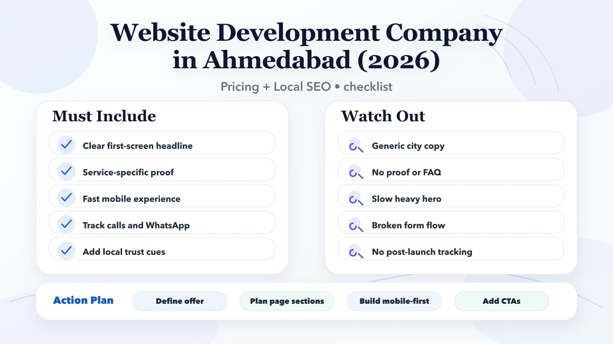 Website Development Company in Ahmedabad (2026) checklist infographic
