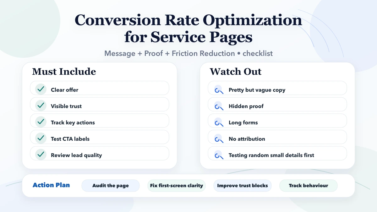 Conversion Rate Optimization for Service Pages checklist infographic