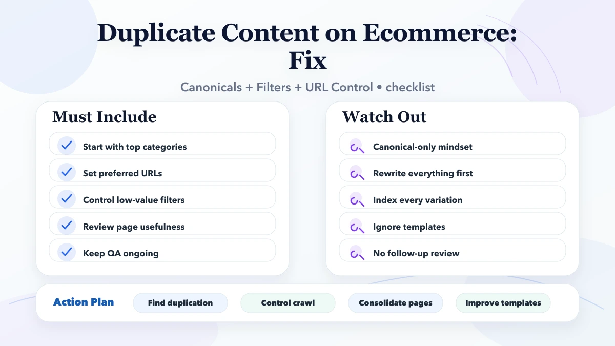 Duplicate Content on Ecommerce: Fix checklist infographic