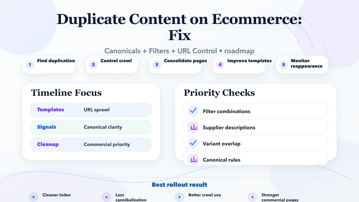 Duplicate Content on Ecommerce: Fix roadmap infographic