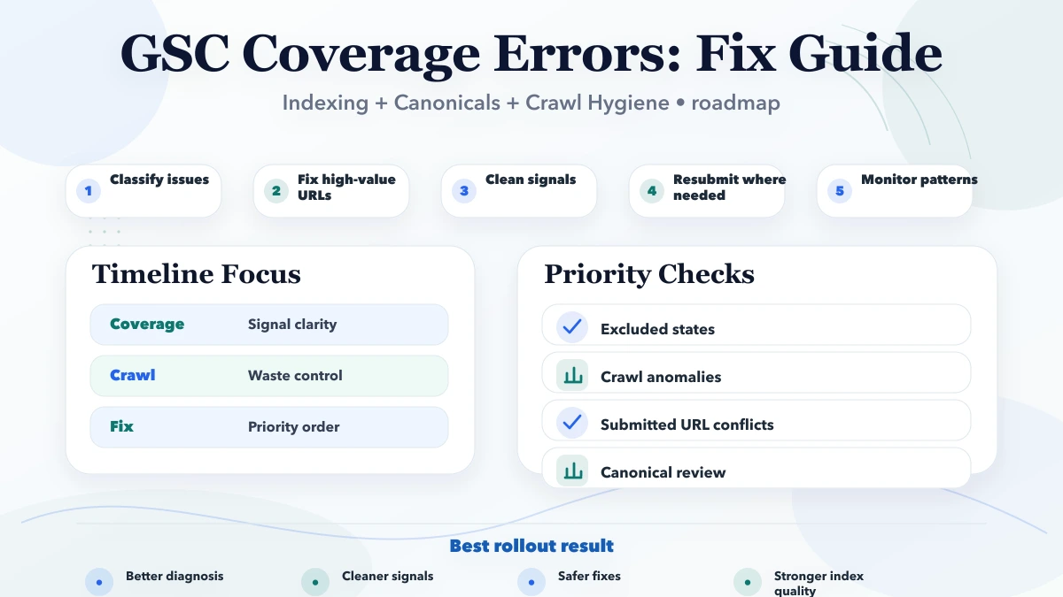 GSC Coverage Errors: Fix Guide roadmap infographic