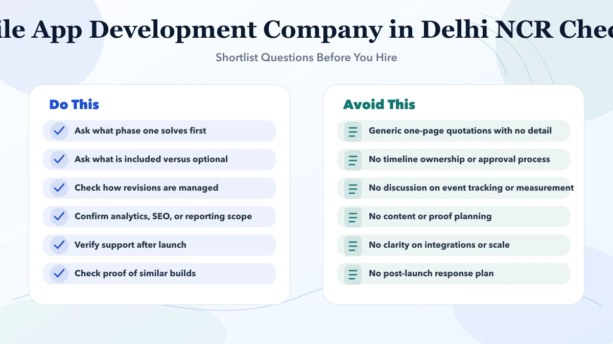 Mobile App Development Company in Delhi NCR (2026) checklist infographic