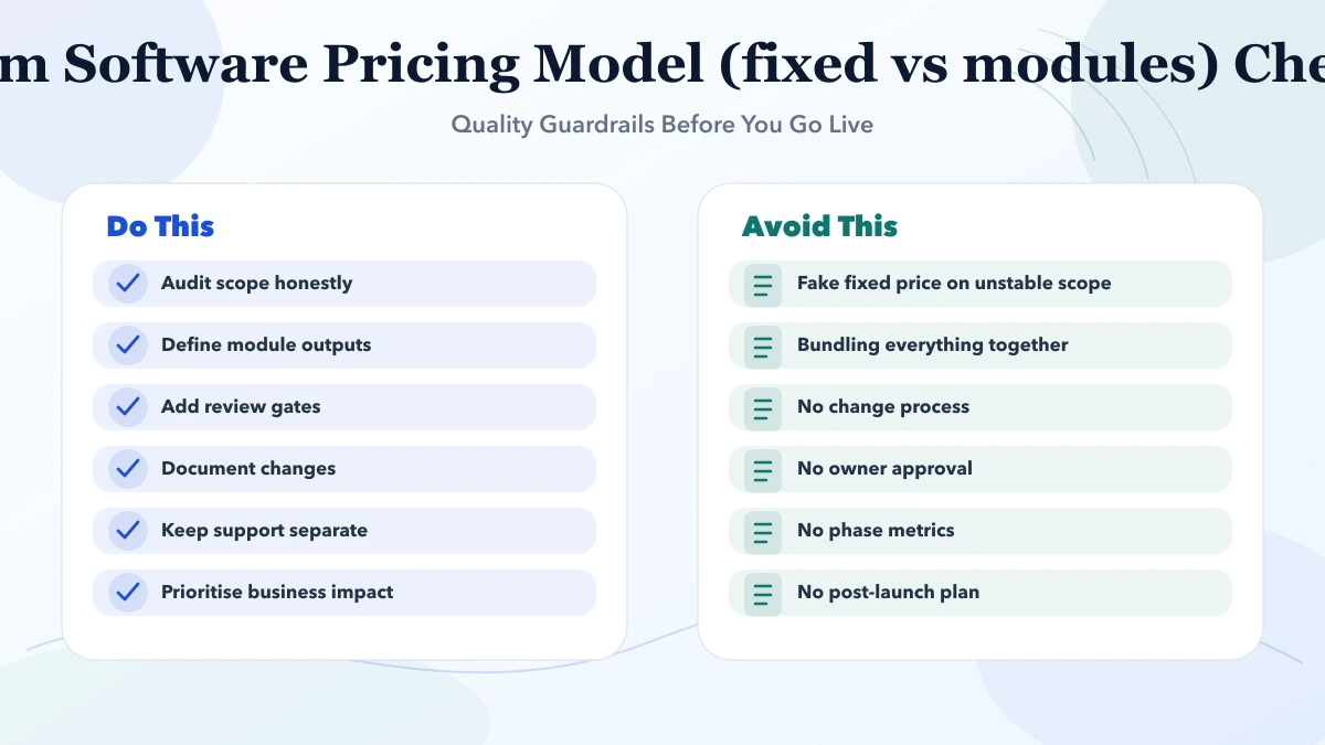 Custom Software Pricing Model (fixed vs modules) checklist infographic