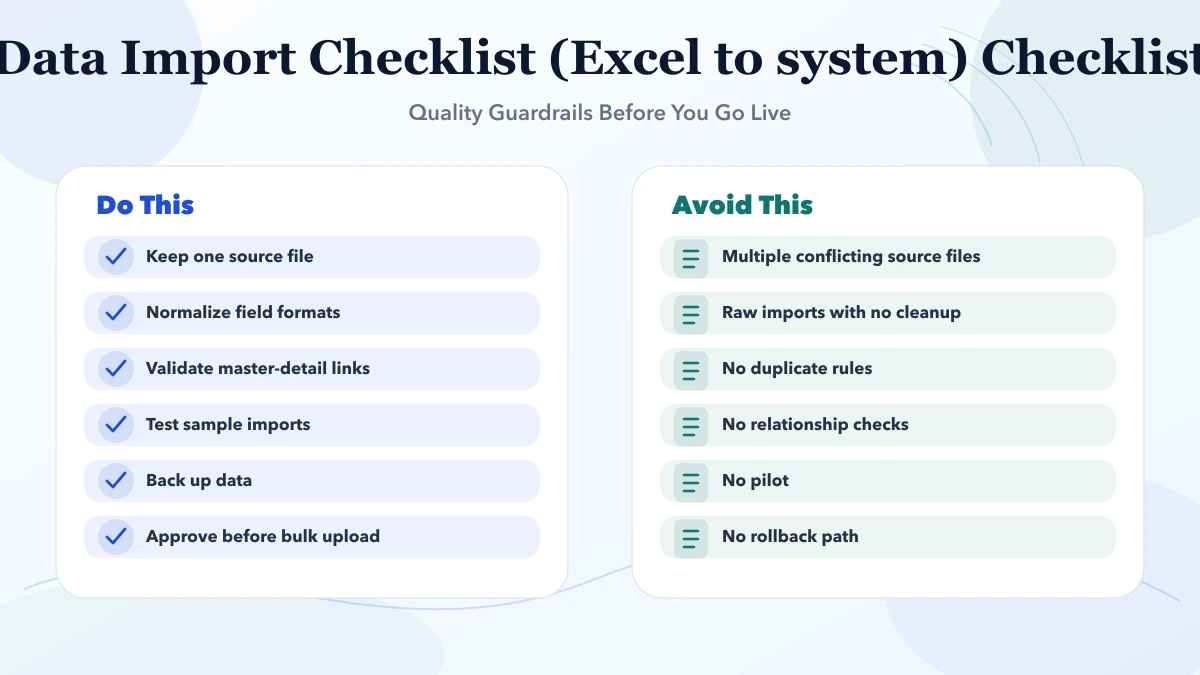 Data Import Checklist (Excel to system) checklist infographic