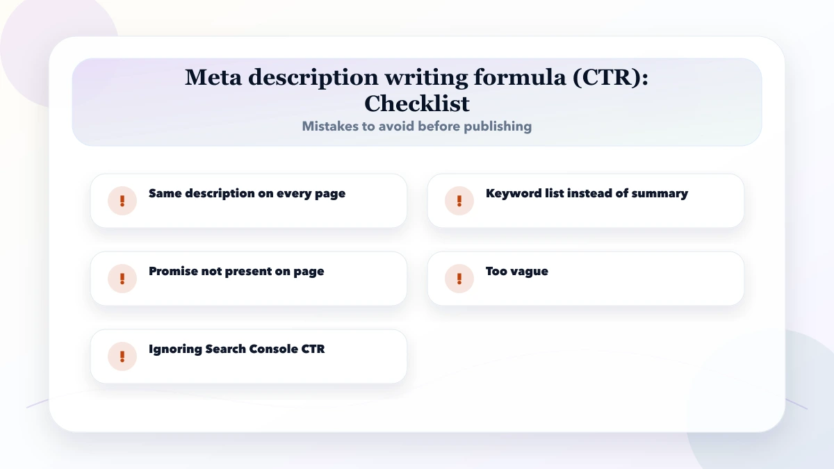 Meta description writing formula (CTR) checklist