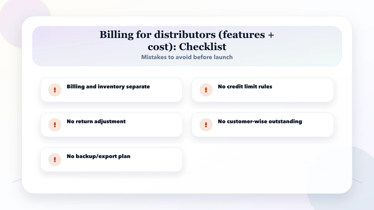 Billing for distributors (features + cost) checklist