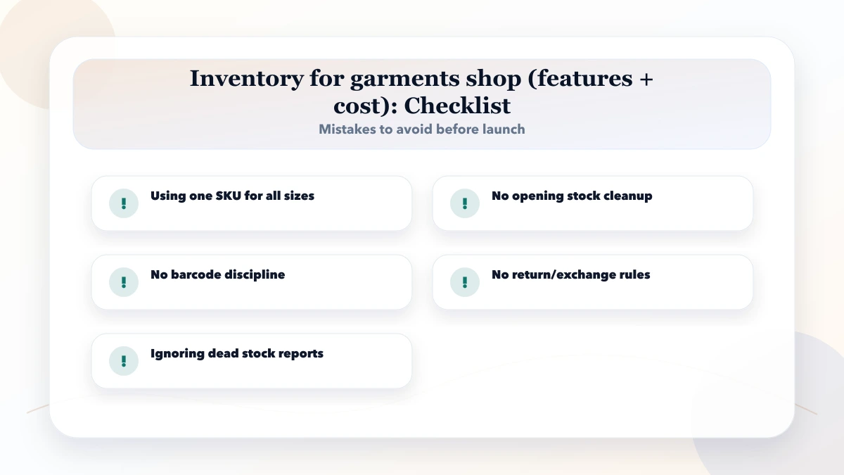 Inventory for garments shop (features + cost) checklist