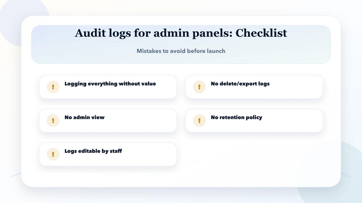 Audit logs for admin panels checklist
