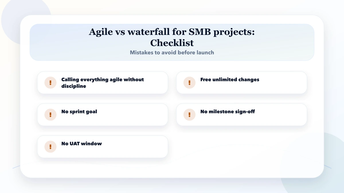 Agile vs waterfall for SMB projects checklist