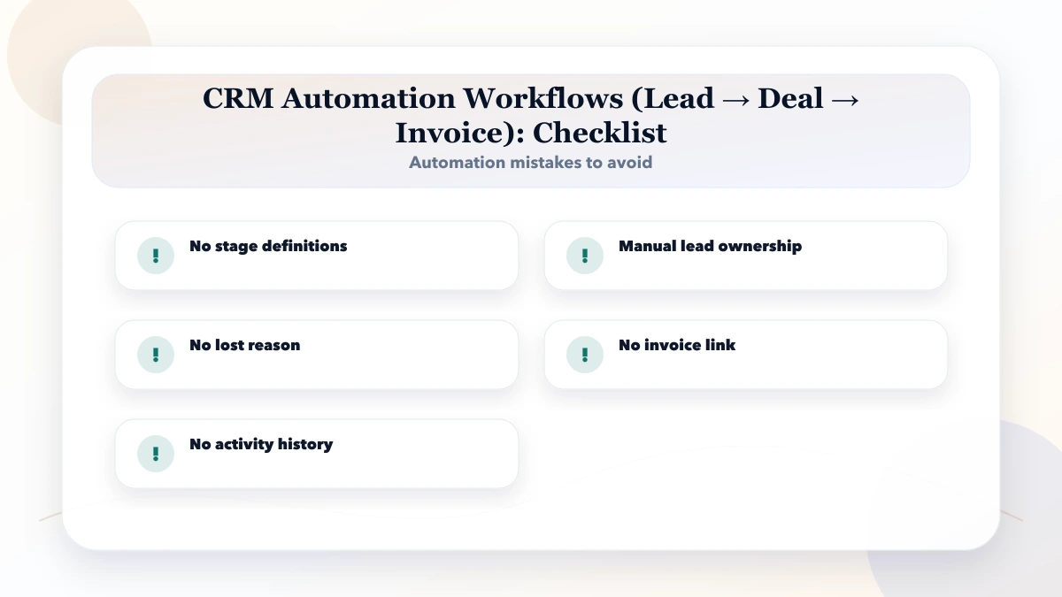 CRM Automation Workflows (Lead → Deal → Invoice) checklist