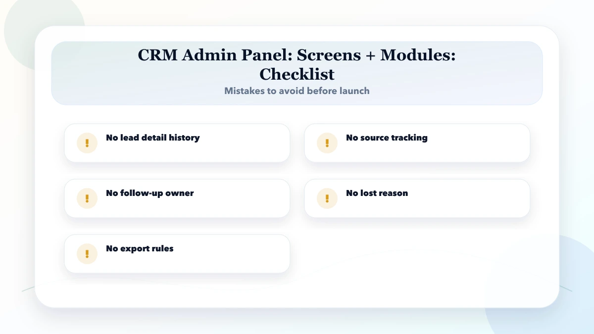 CRM Admin Panel: Screens + Modules checklist