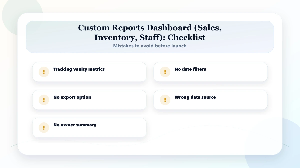 Custom Reports Dashboard (Sales, Inventory, Staff) checklist
