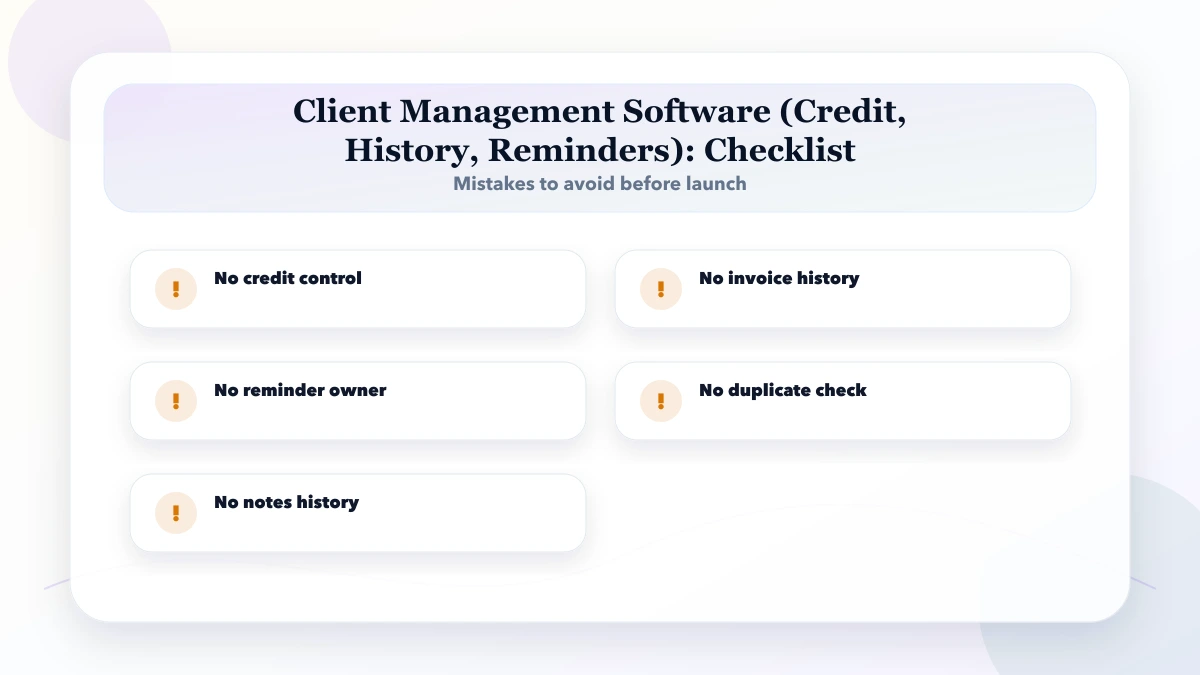 Client Management Software (Credit, History, Reminders) checklist