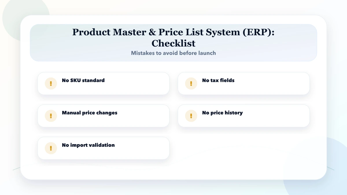 Product Master & Price List System (ERP) checklist