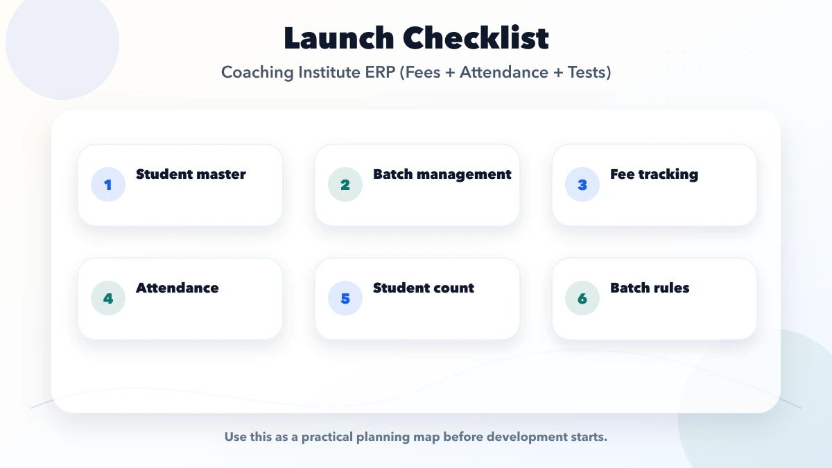 Coaching Institute ERP (Fees + Attendance + Tests) checklist