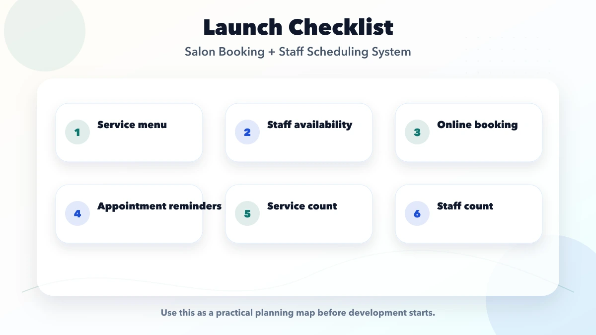 Salon Booking + Staff Scheduling System checklist