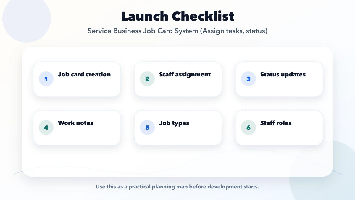 Service Business Job Card System (Assign tasks, status) checklist