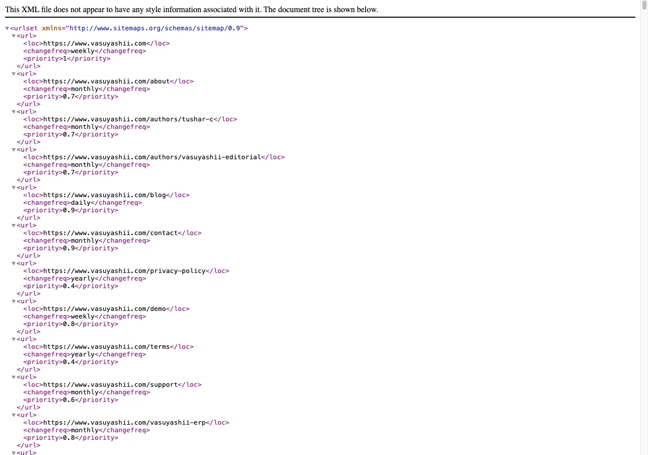 VASUYASHII XML sitemap showing final HTTPS www URLs after the SEO architecture cleanup