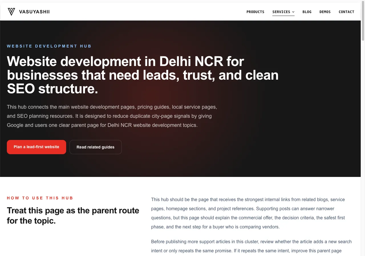 VASUYASHII website development service hub on desktop
