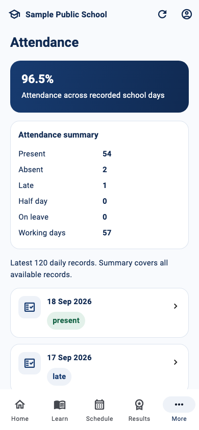 EduSuite student app attendance summary with synthetic monthly records