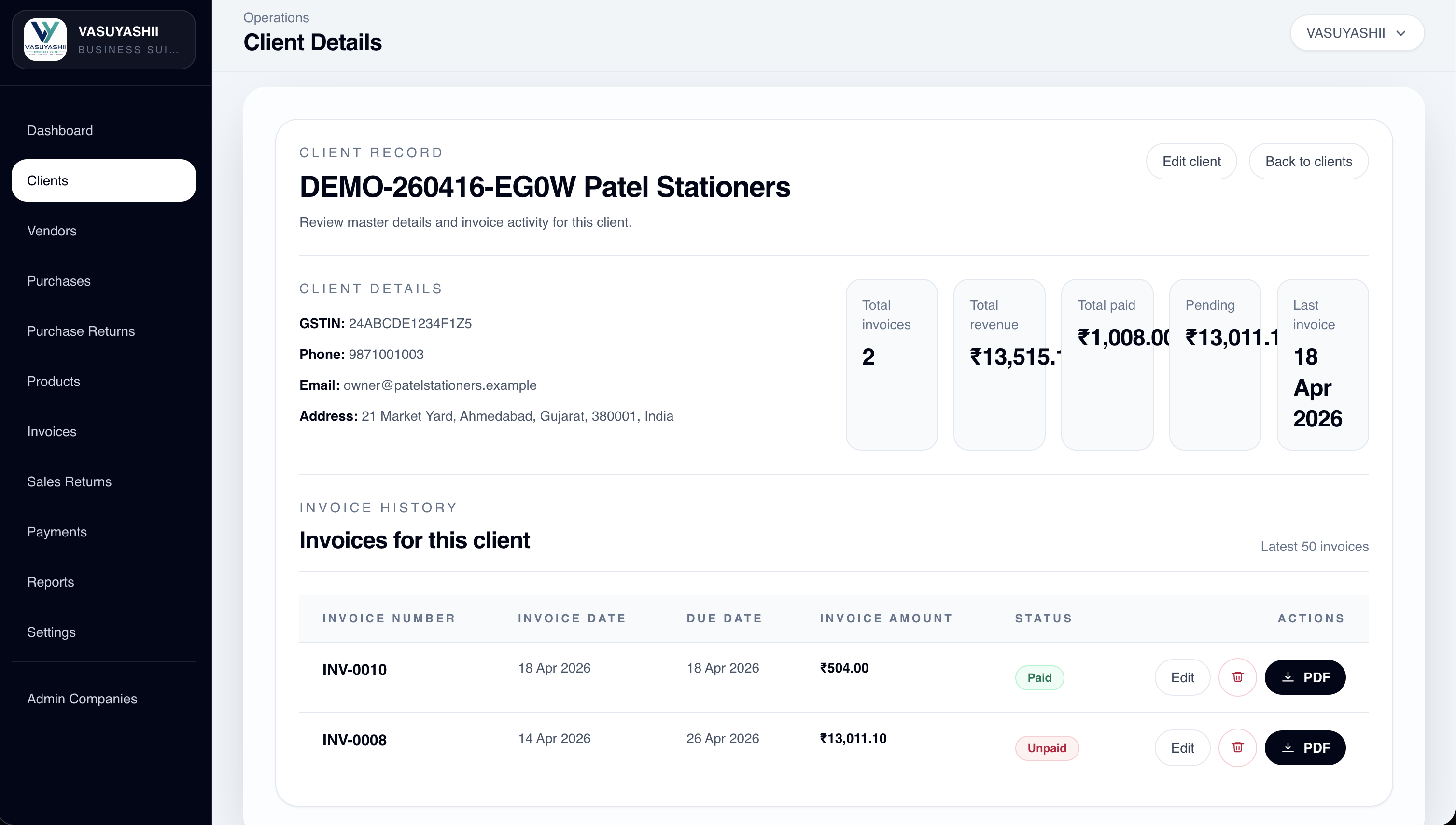 Current VASUYASHII Business Suite client detail showing first-party customer-record context
