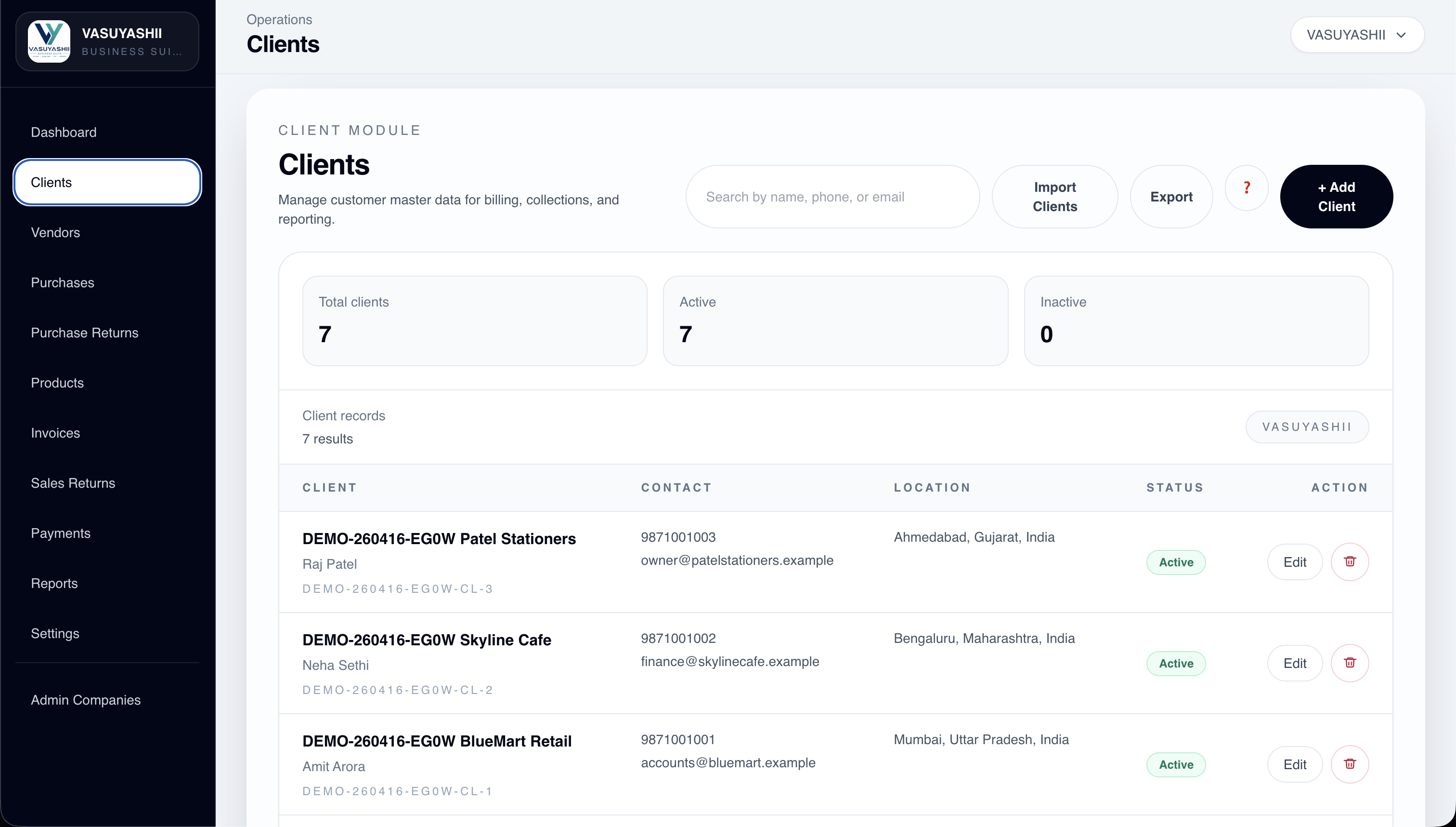 VASUYASHII Business Suite client list showing company-scoped customer records