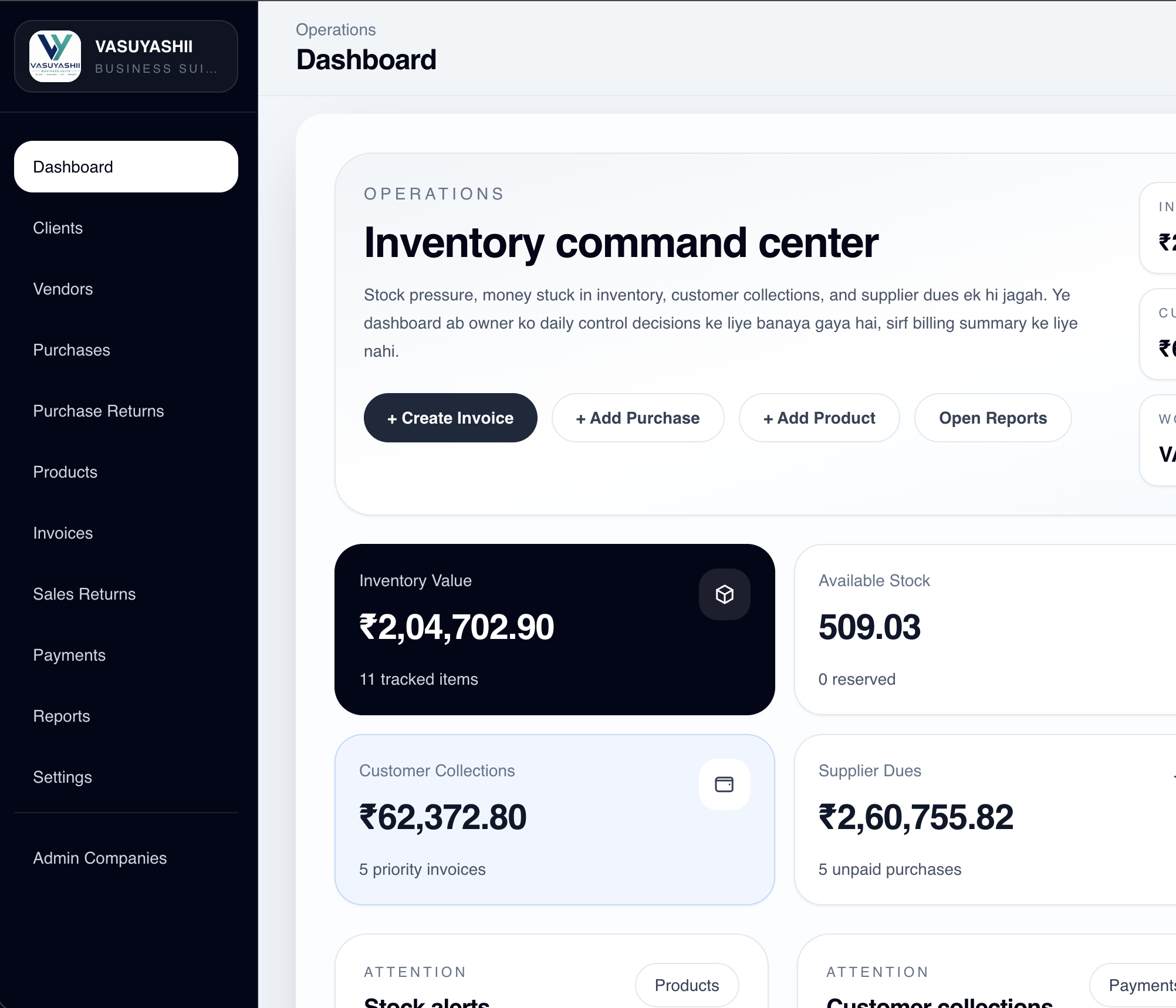 VASUYASHII Business Suite inventory command center with stock, customer dues, supplier dues, and operating actions