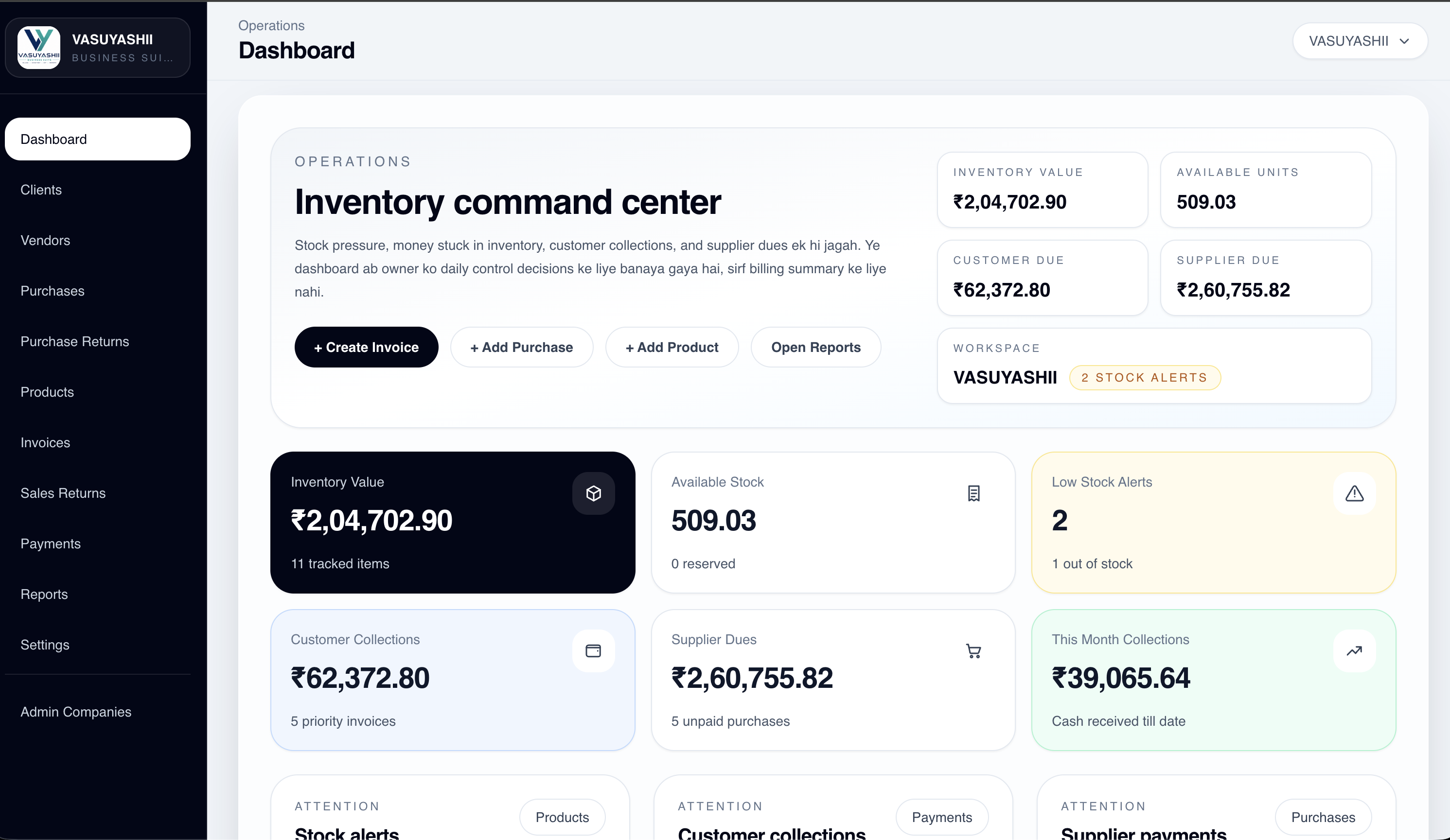 Current VASUYASHII Business Suite dashboard as first-party SaaS product evidence