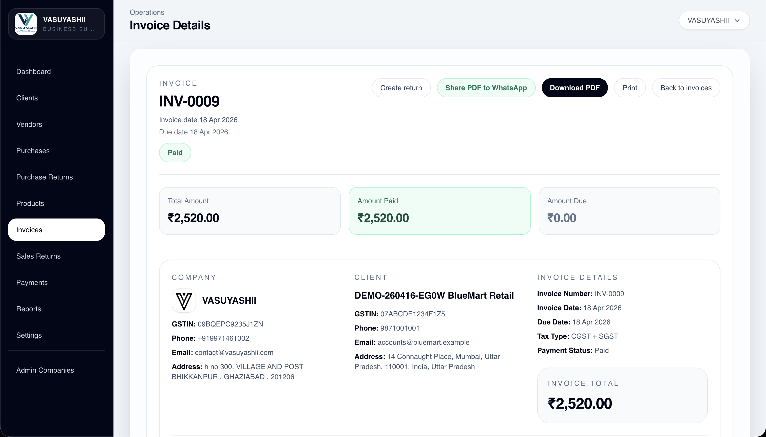 Current VASUYASHII invoice detail screen used as implementation acceptance evidence