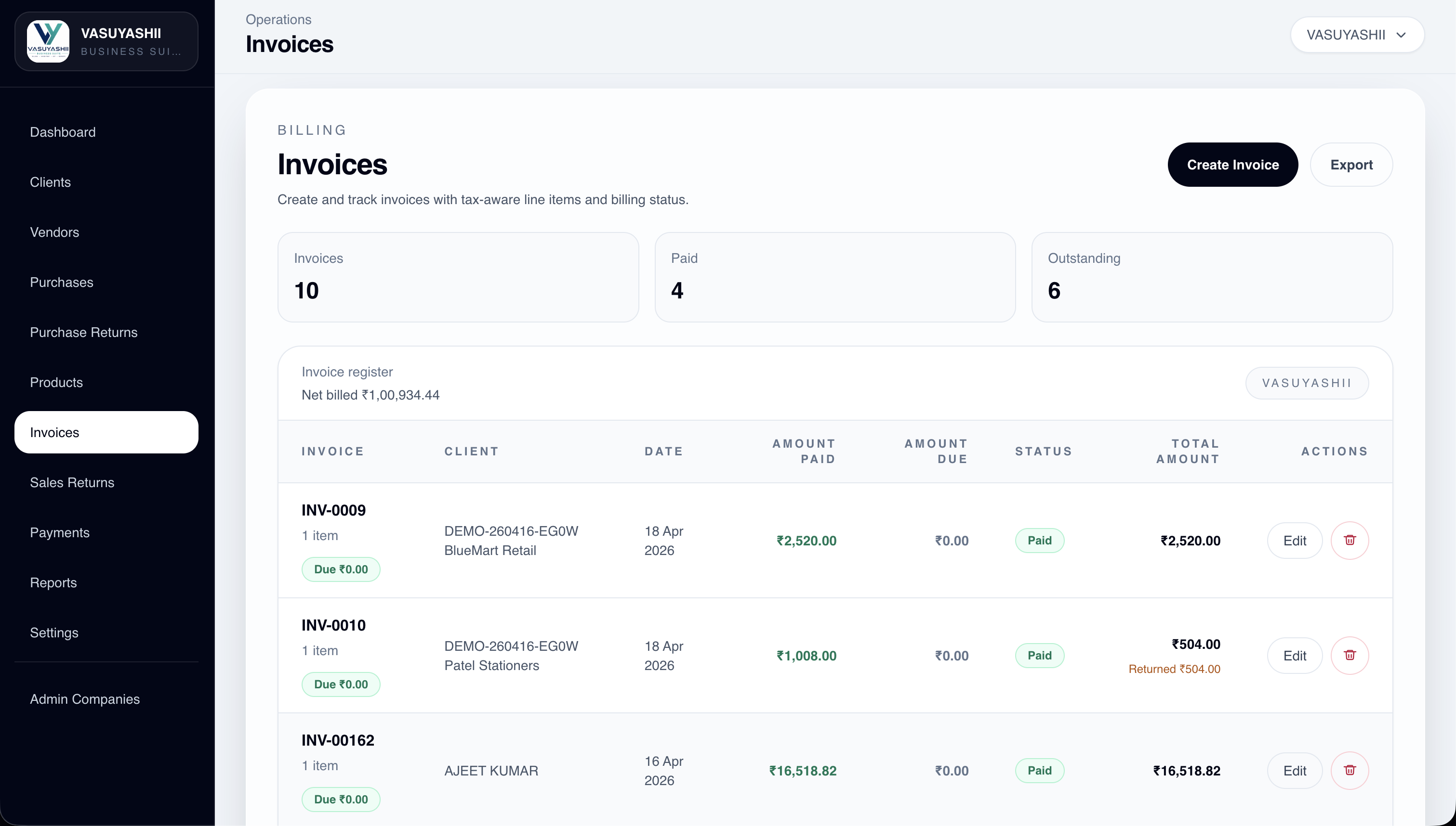 VASUYASHII ERP invoices list screen