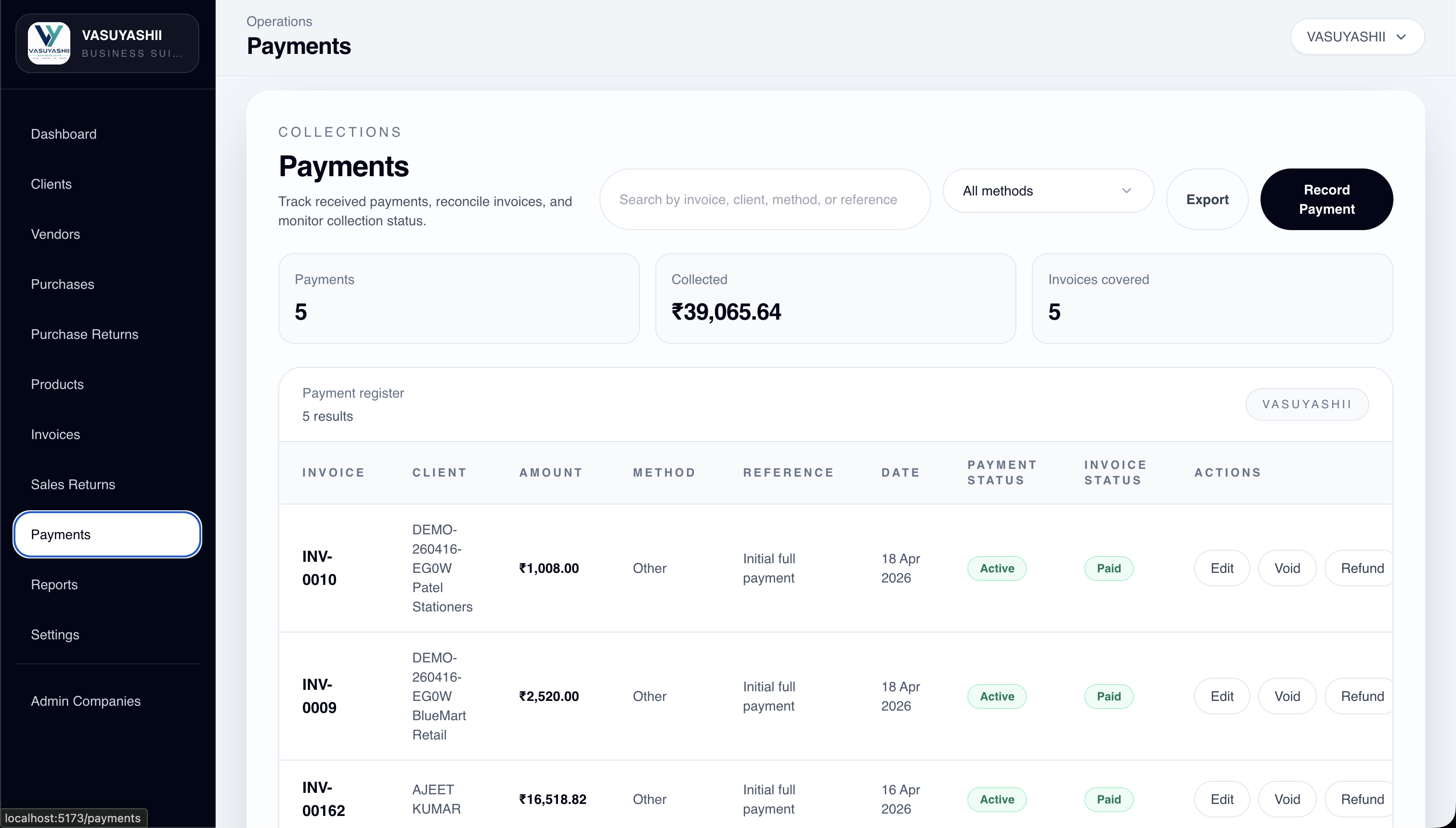 VASUYASHII Business Suite payment list showing recorded payment state