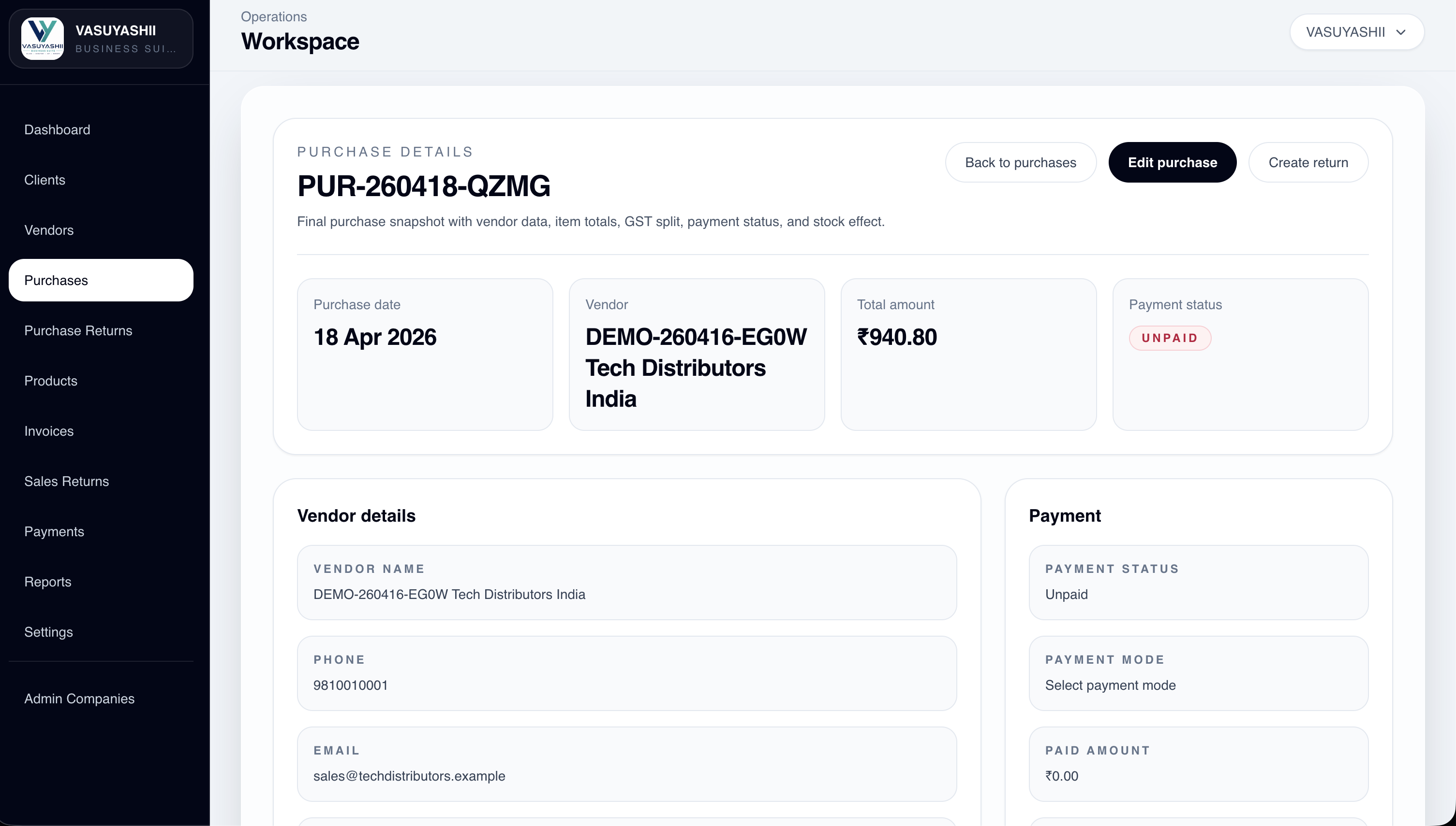 VASUYASHII Business Suite supplier purchase detail screen