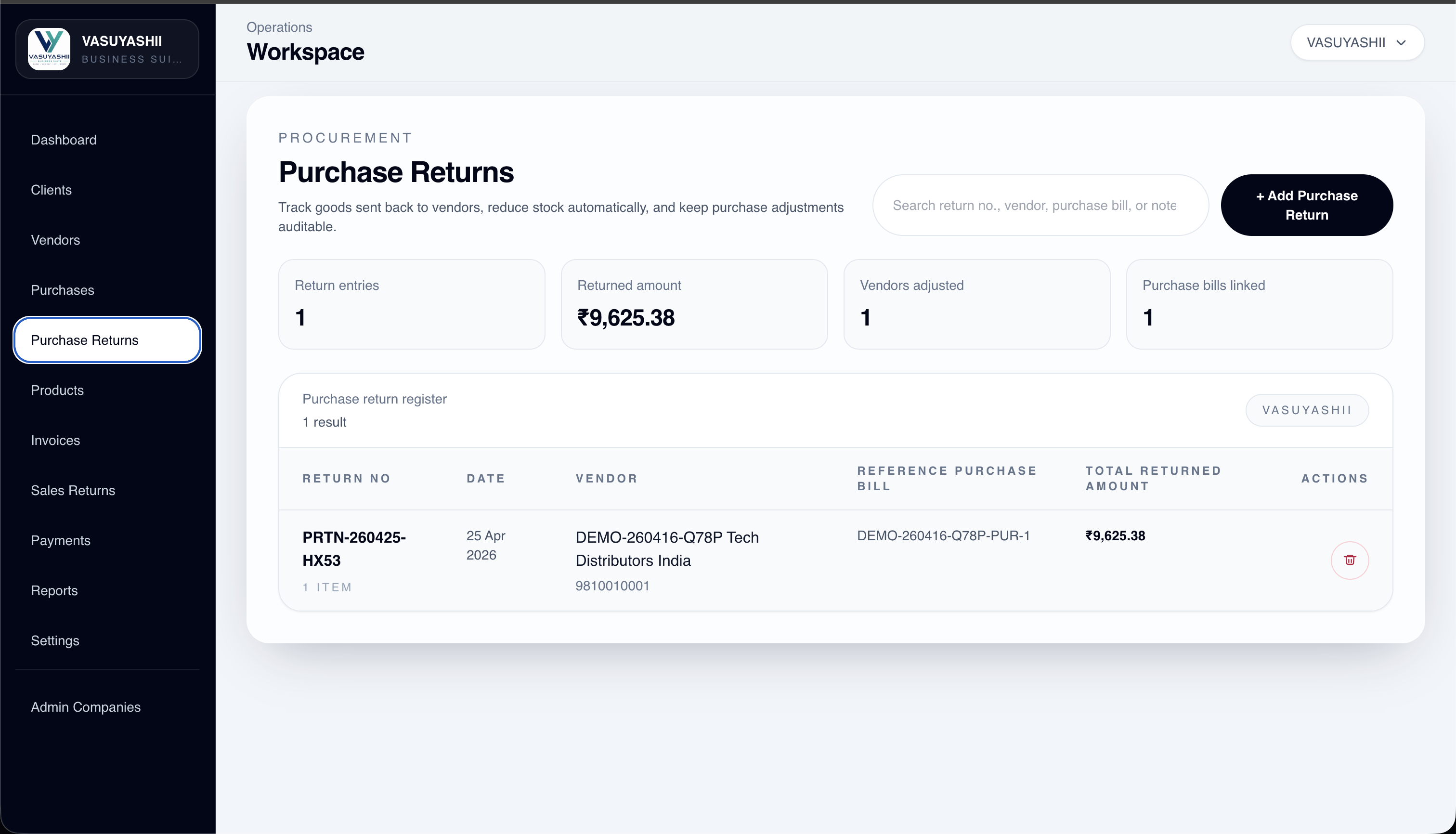 VASUYASHII ERP purchase returns list screen