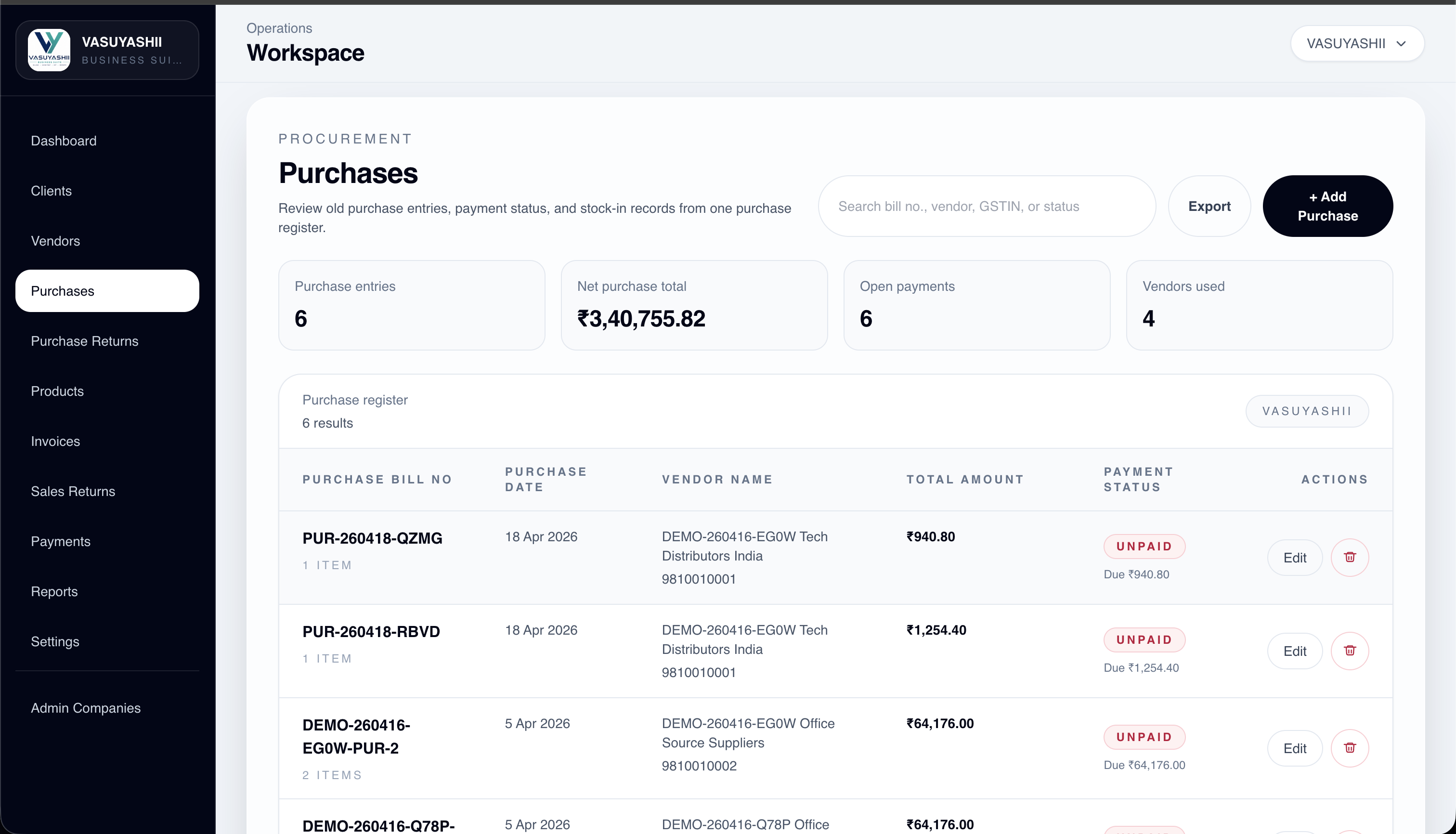 VASUYASHII ERP purchases list screen