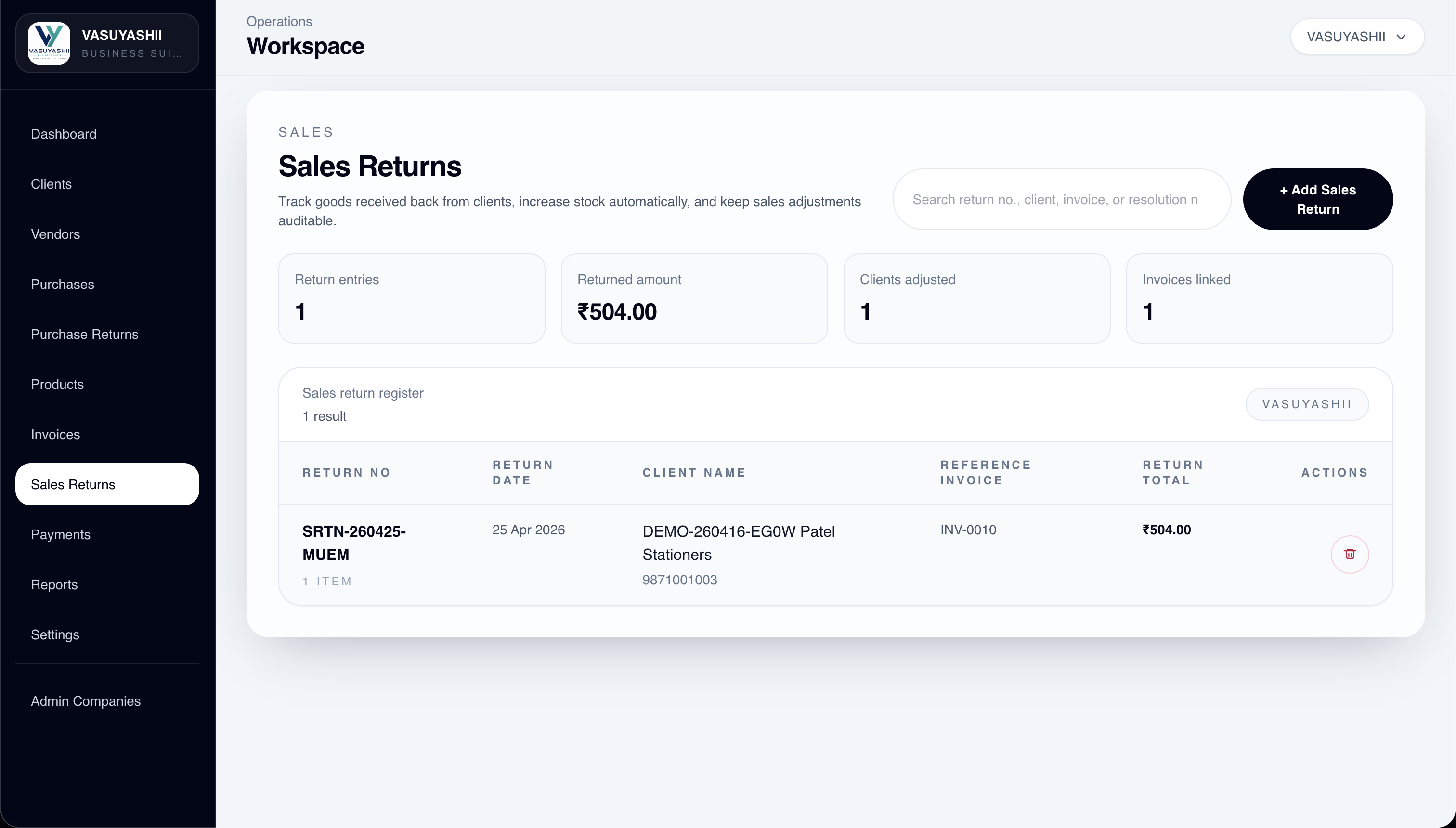 VASUYASHII ERP sales returns list screen