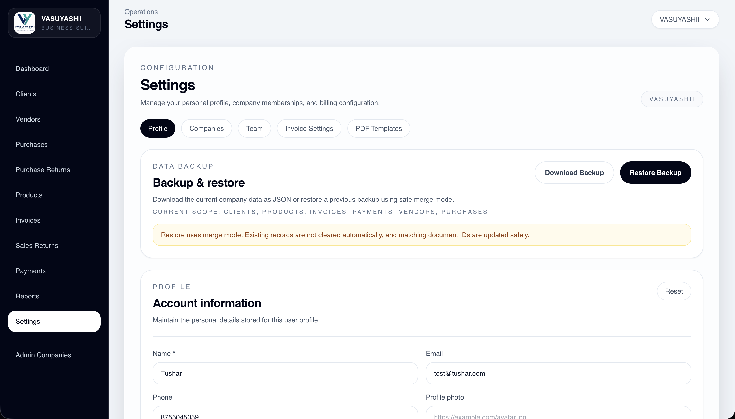Current VASUYASHII Business Suite backup settings as first-party operational evidence
