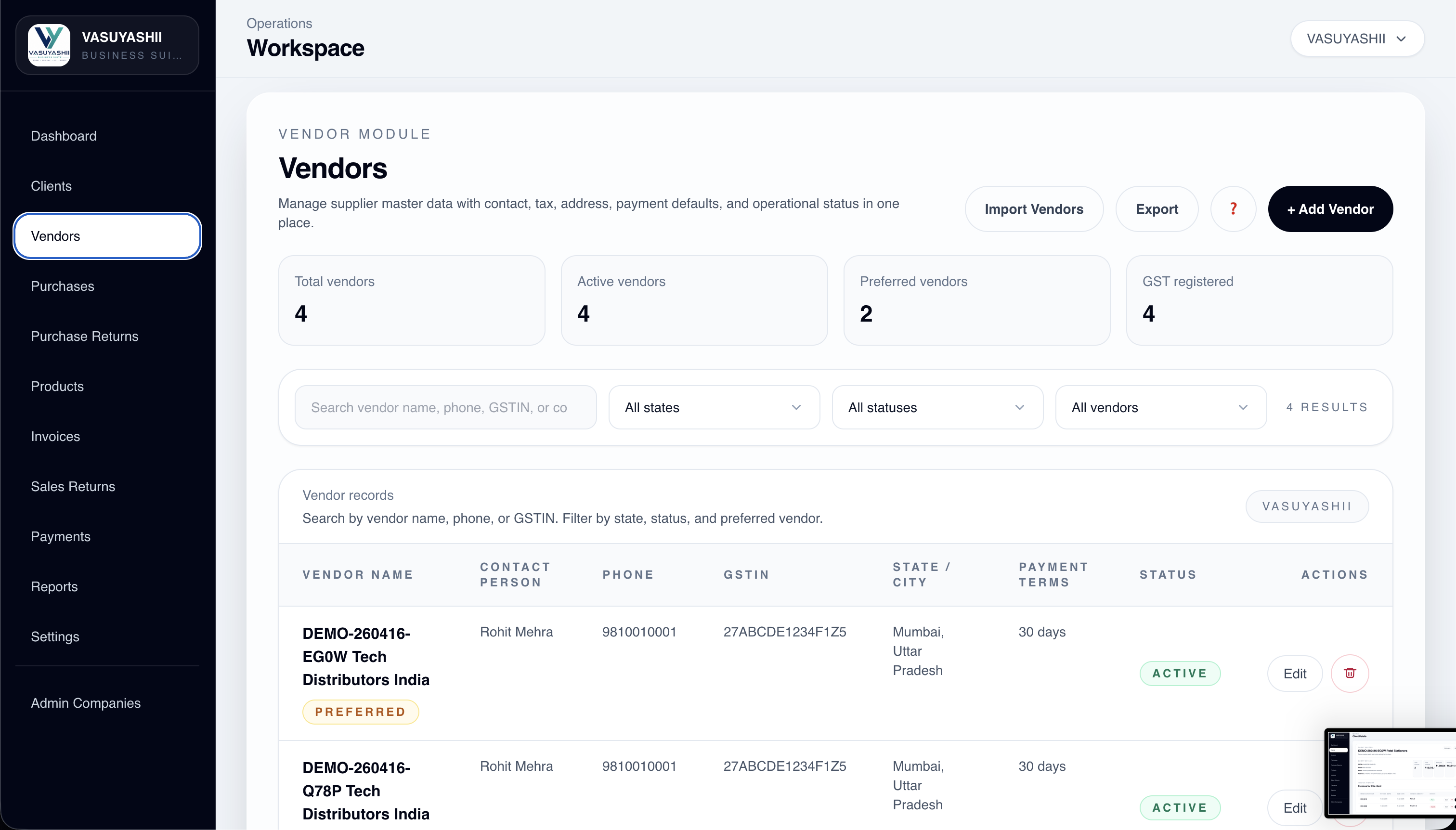 VASUYASHII ERP vendors list screen